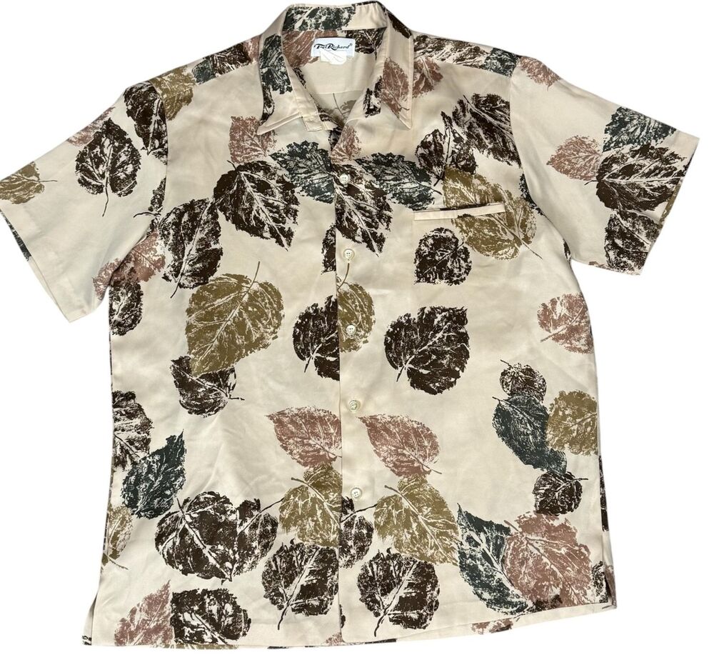Tori Richard Vintage 90s Hawaiian Camp Shirt Large Aloha Beige Leaf Hawaii USA